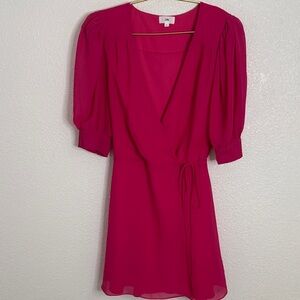 LPA- Vibrant Pink Mini wrap Dress with Puff Sleeves- Large